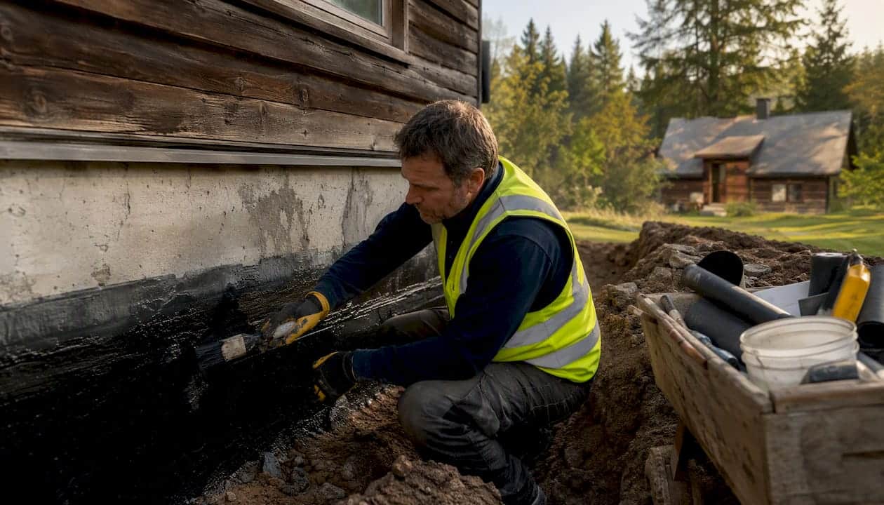 Contractor applying waterproof sealant on foundation