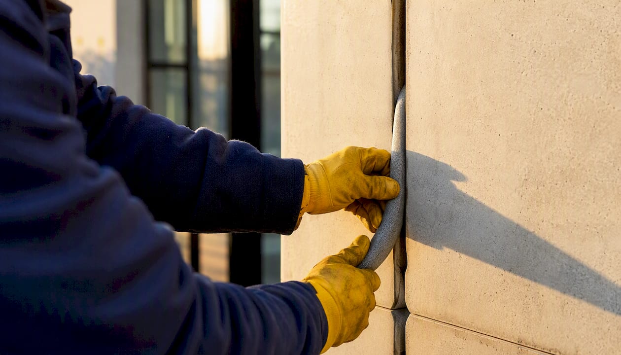 Hands installing backer rod in sealant joint