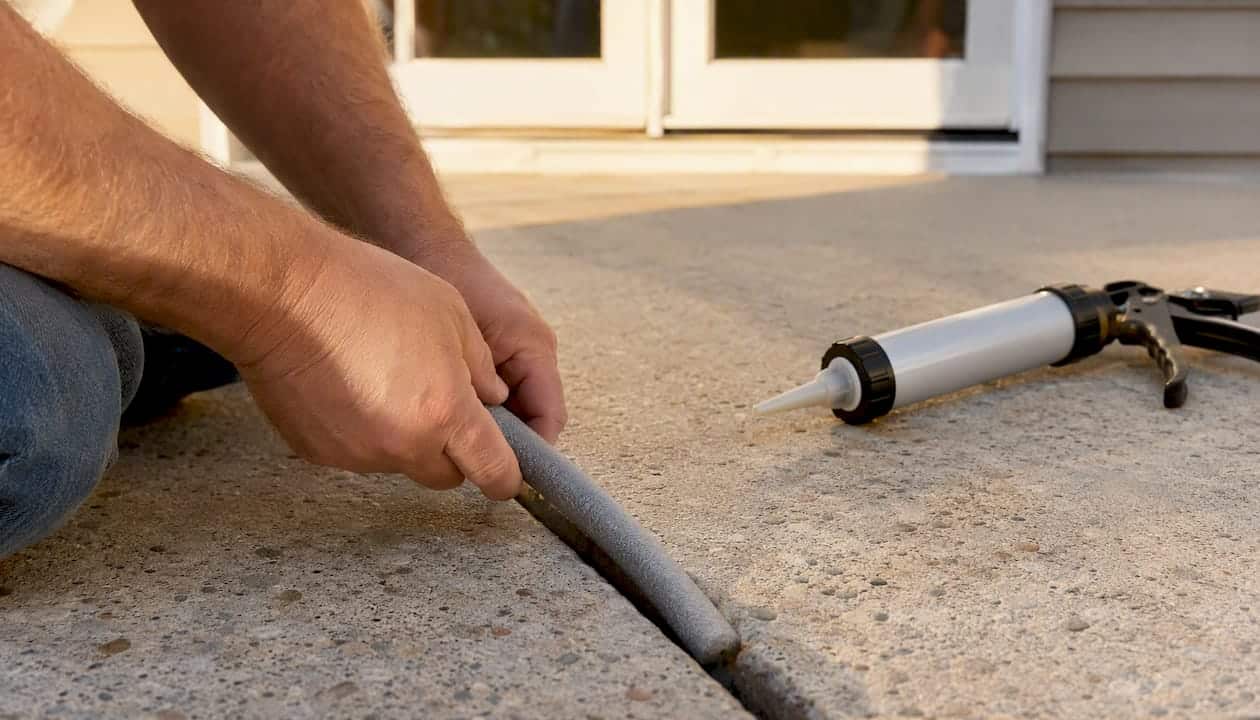 Hands placing backer rod in expansion joint