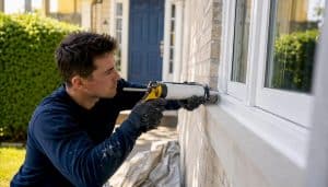 Close-up of caulking window frame exterior