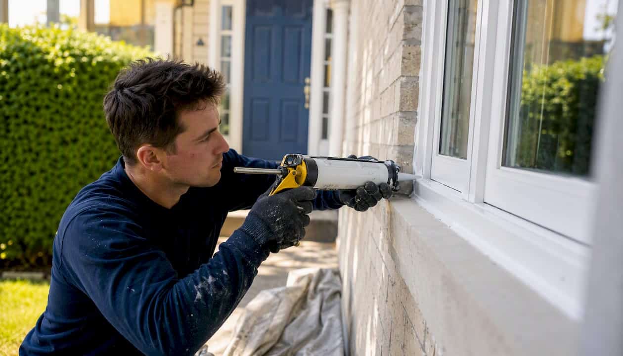 Close-up of caulking window frame exterior