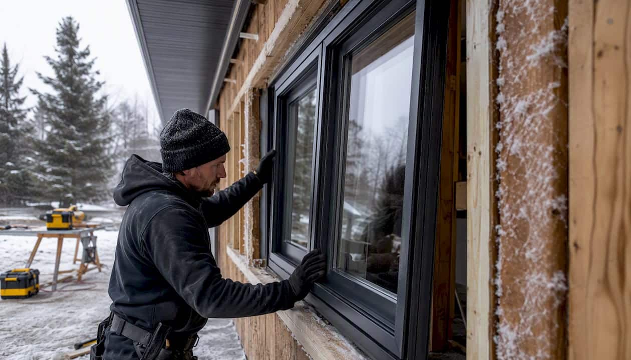 Worker installing triple-pane window in cold climate