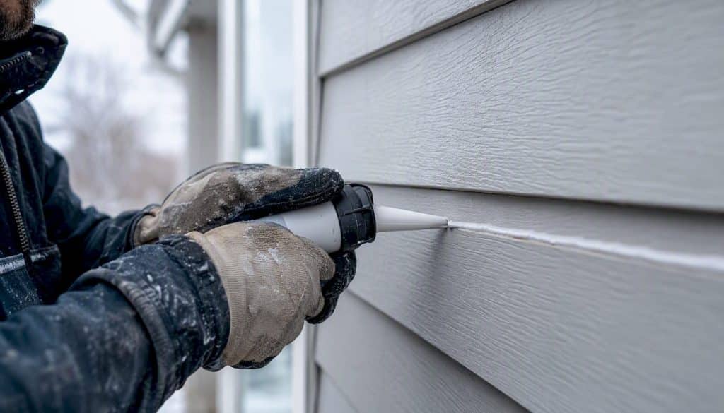 Hands applying sealant to fibre cement siding joint