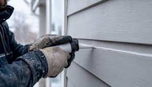 Hands applying sealant to fibre cement siding joint