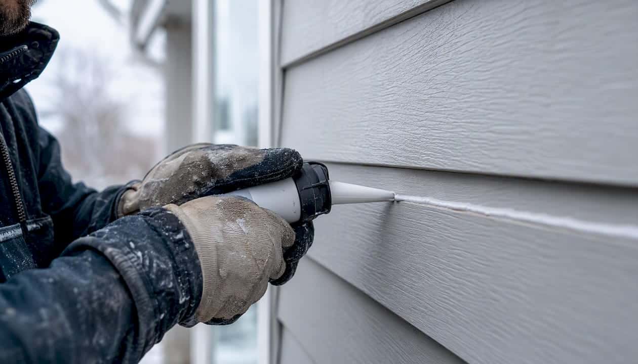 Hands applying sealant to fibre cement siding joint