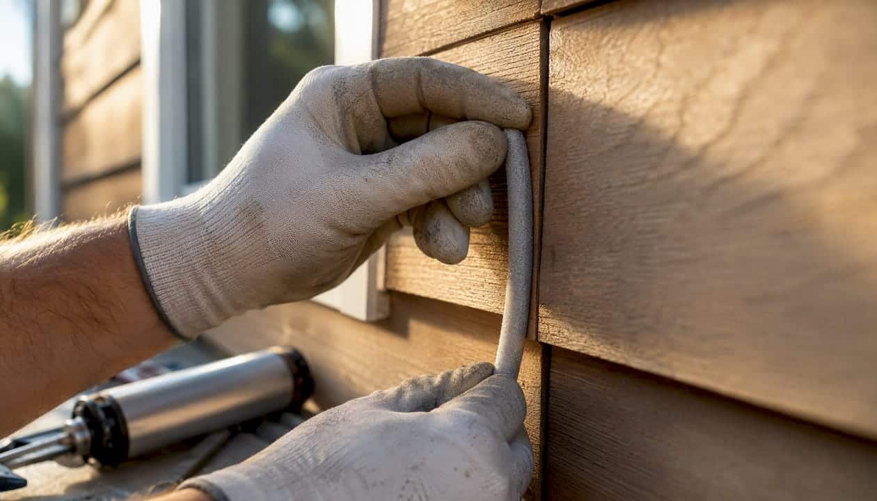 Hands inserting backer rod into siding joint gap