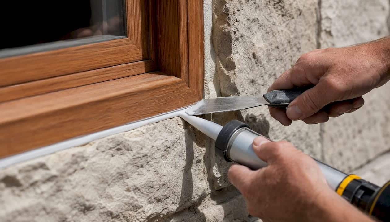 Hands tooling polyurethane sealant on brick and window