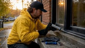 Hands applying silicone caulk on aluminium window frame