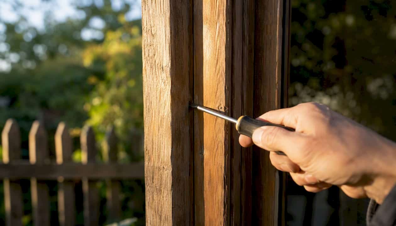 Testing window frame wood hardness with screwdriver