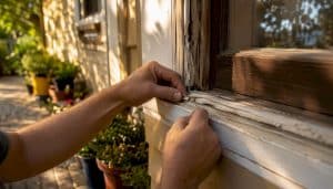 Hands inspecting cracked window caulk on frame