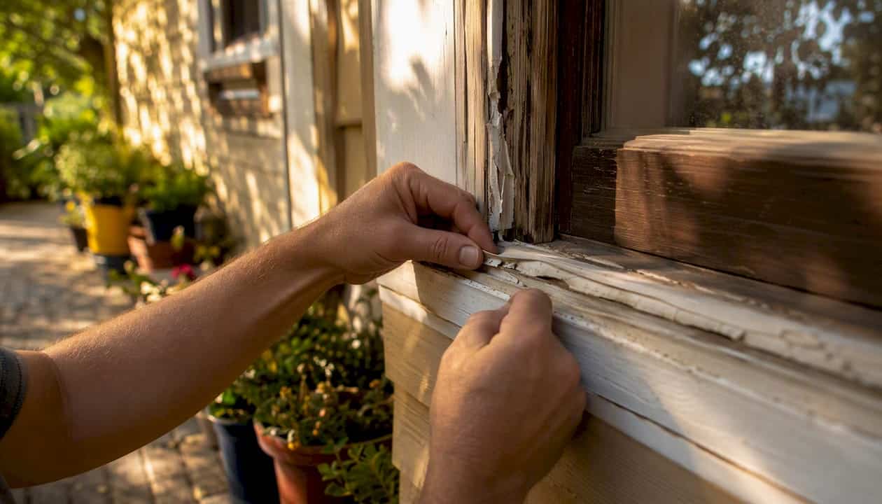 Hands inspecting cracked window caulk on frame
