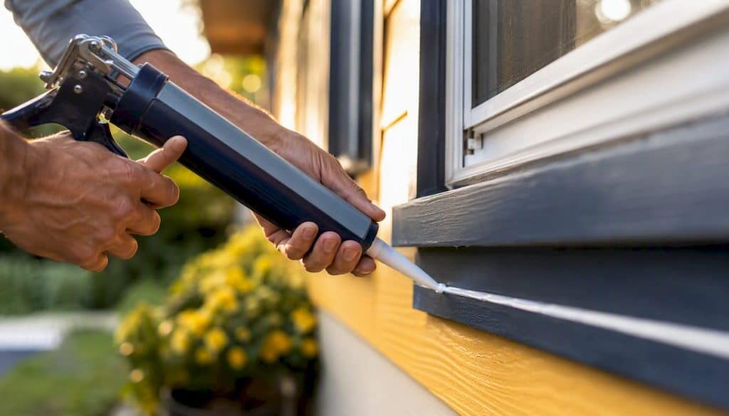Hands applying exterior window caulking