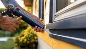 Hands applying exterior window caulking