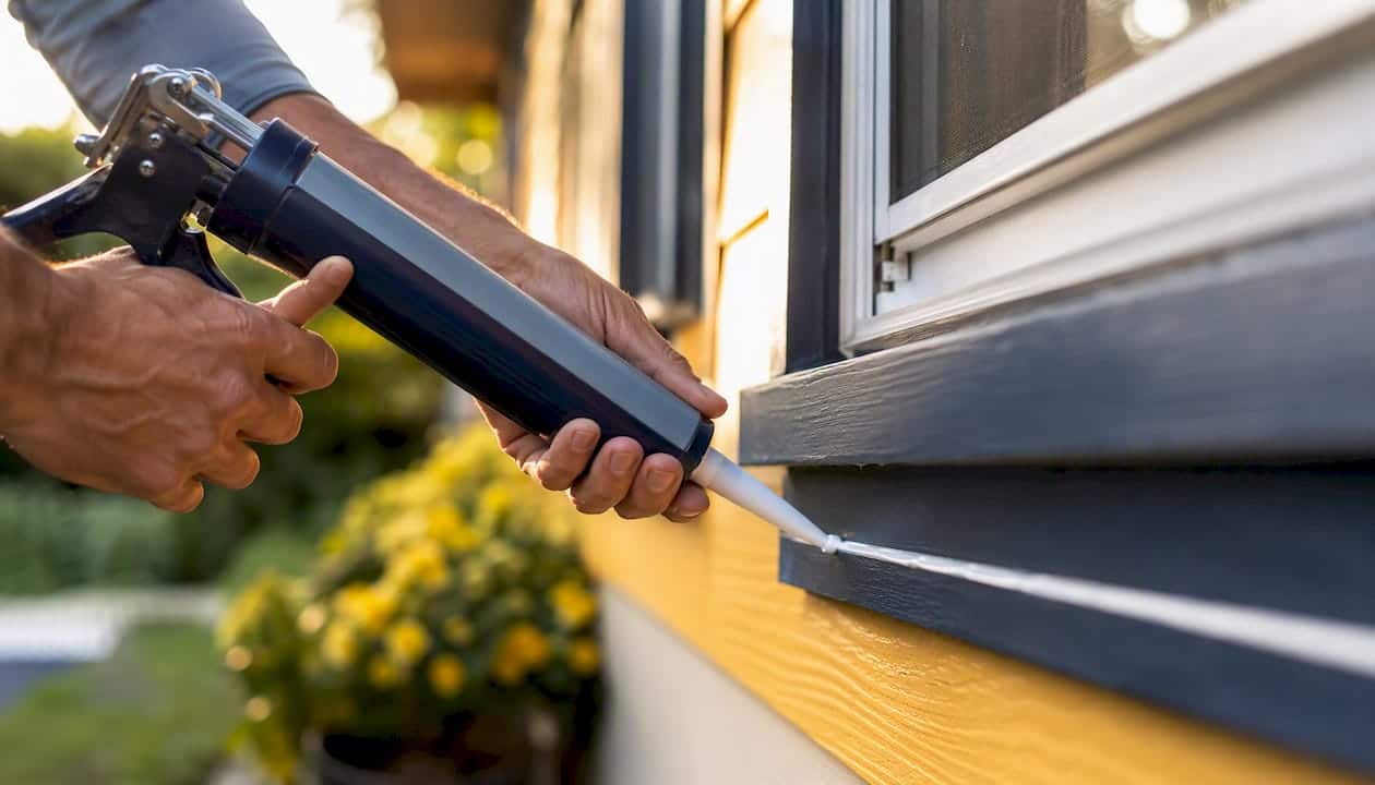 Hands applying exterior window caulking