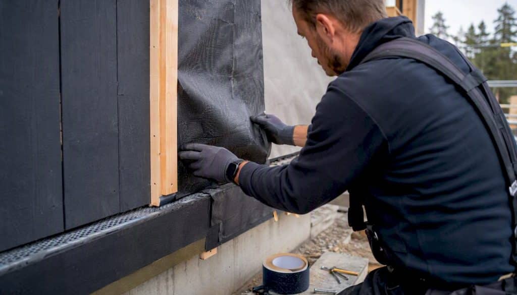 Hands installing water-resistant wall membrane