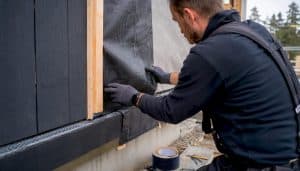 Hands installing water-resistant wall membrane