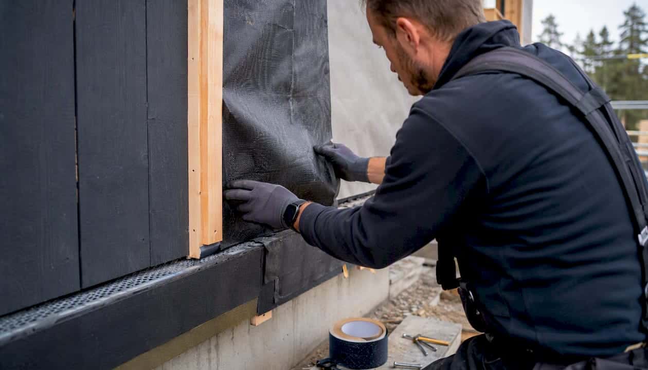 Hands installing water-resistant wall membrane