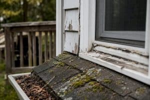 Window with cracked caulking and peeling paint