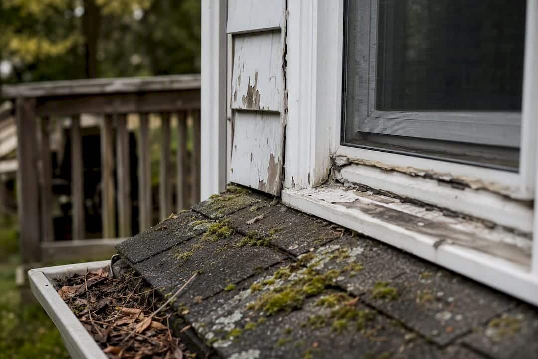 Window with cracked caulking and peeling paint