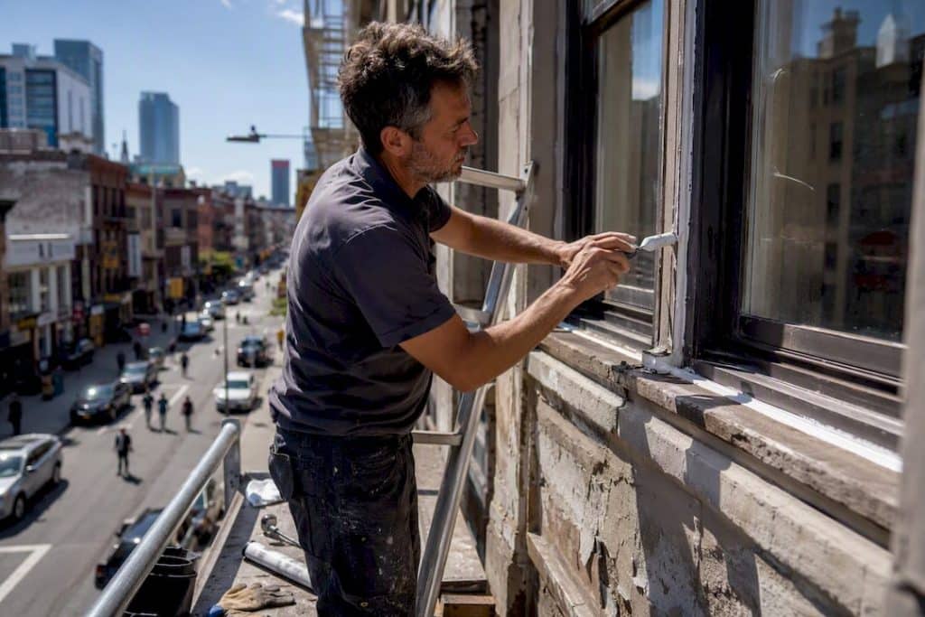 Hands applying fresh caulking on building window exterior