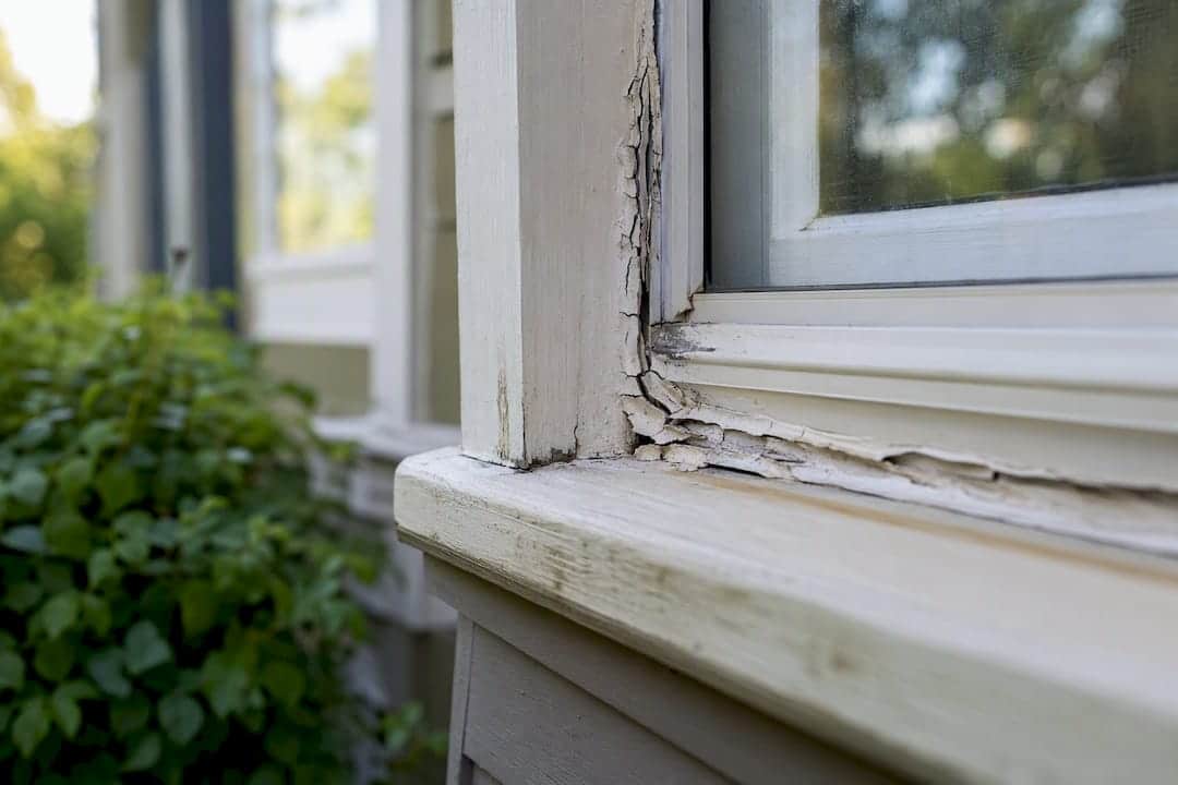 Cracked exterior window caulking close-up