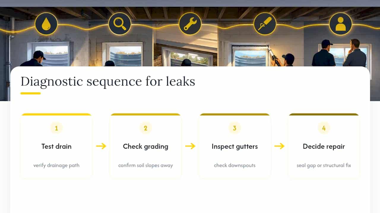 Basement window leak diagnostic process diagram