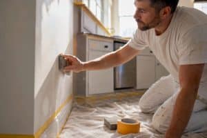 Painter sanding interior wall trim