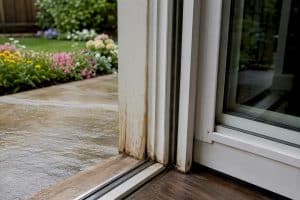 Close-up of patio door frame corner with water damage