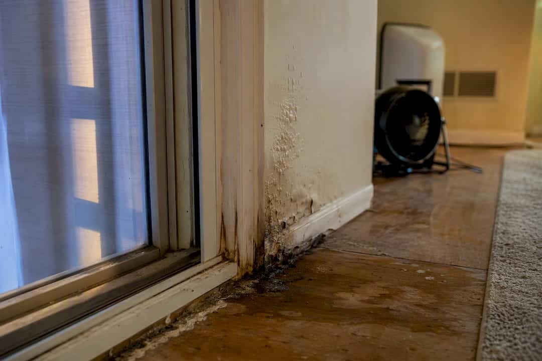 Interior water damage around patio door threshold