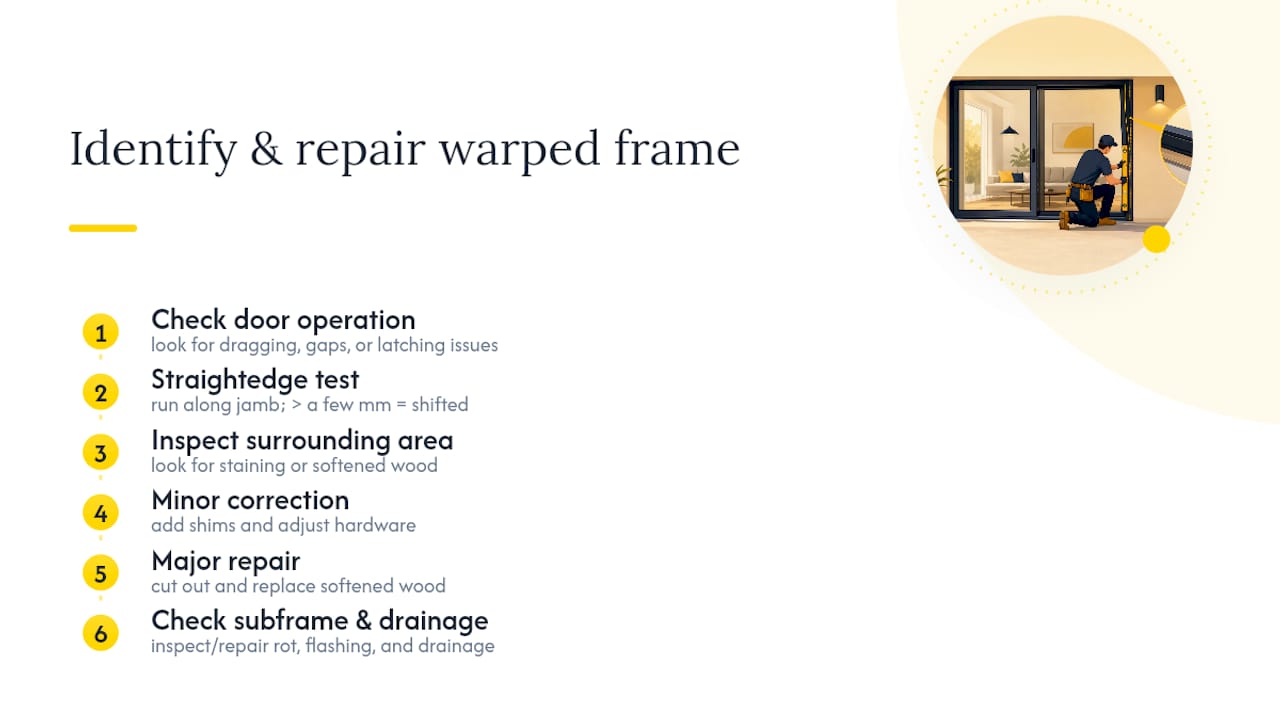 Diagram showing steps to identify and fix warped door frames