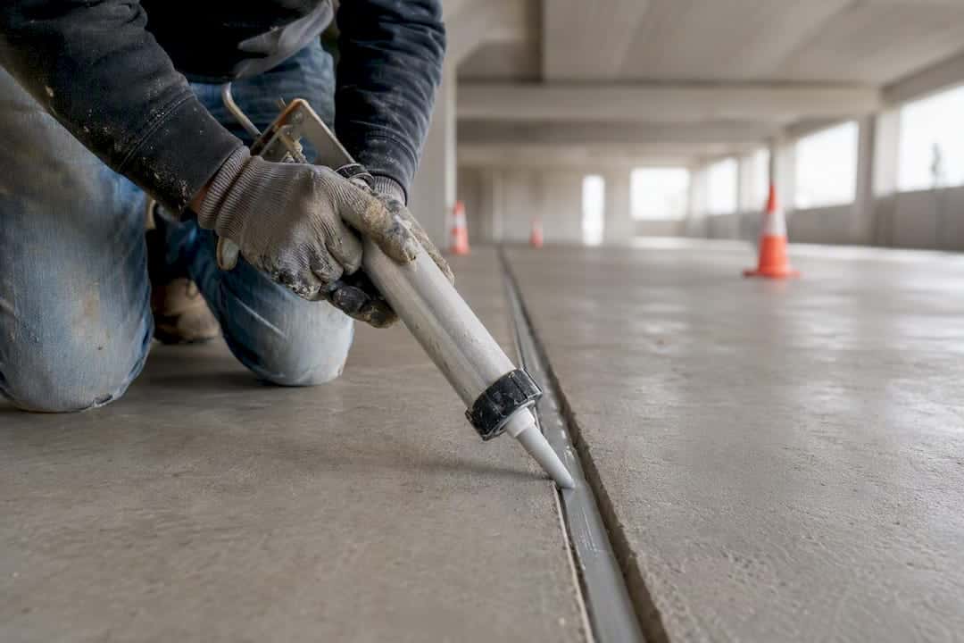 Contractor applying sealant to parking garage joint