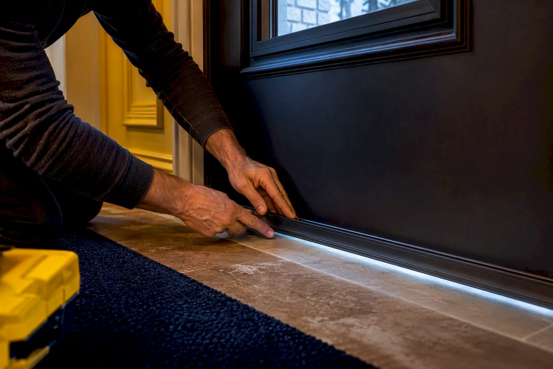 Door sweep sealing a front entry draft