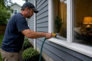 Homeowner testing window with garden hose