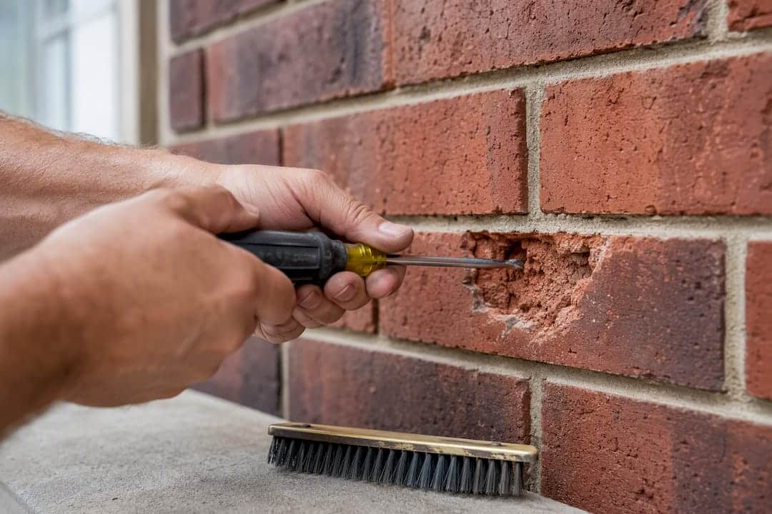Testing weakened brick with screwdriver