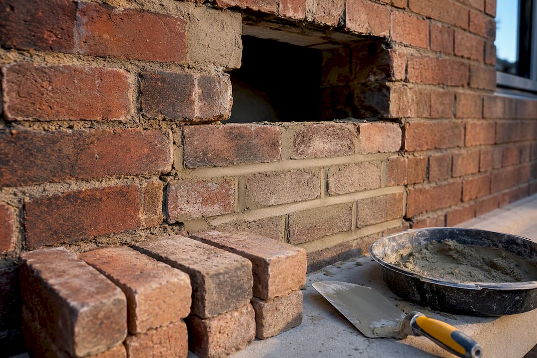 Partial brick wall rebuild with replacement bricks