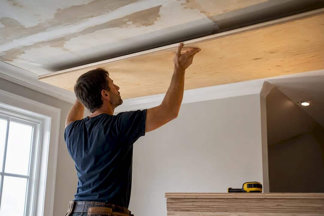 Plywood backing beneath damaged ceiling drywall