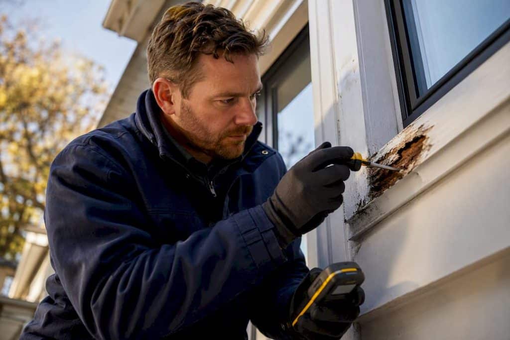 Technician probing rotted window trim