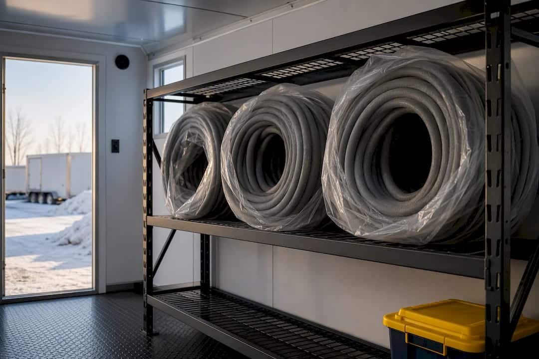 Backer rod coils stored on raised rack