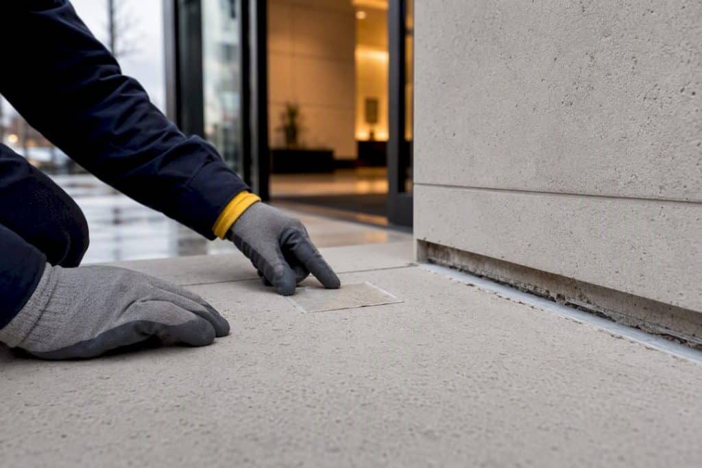Contractor inspecting limestone sealant trial patch