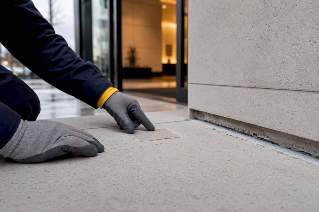 Contractor inspecting limestone sealant trial patch