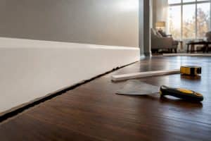 Uneven gap beneath baseboard beside hardwood floor
