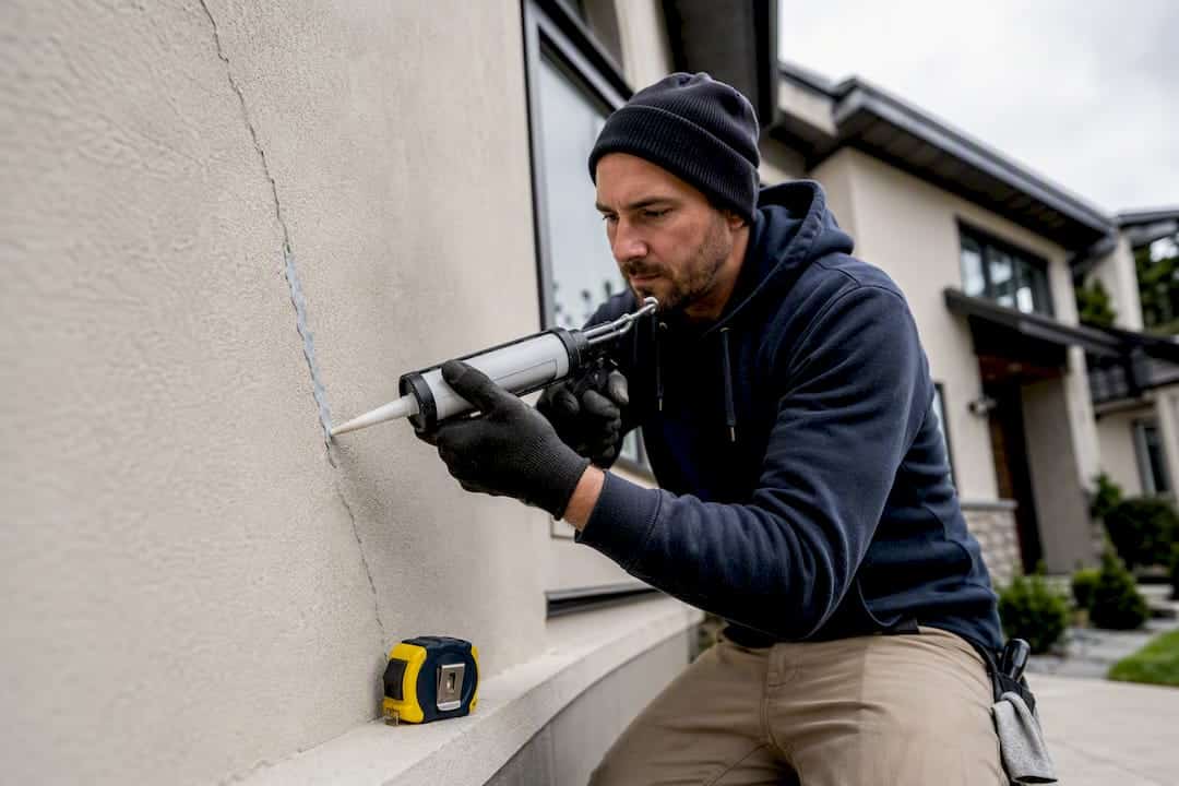 Specialist sealing crack in stucco wall
