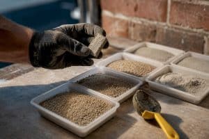 Mason comparing brick mortar and sand samples
