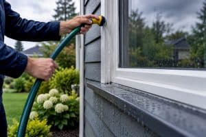 Hose testing a rain-wet window frame