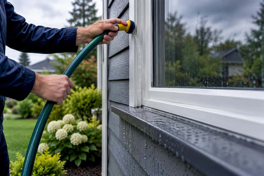 Hose testing a rain-wet window frame