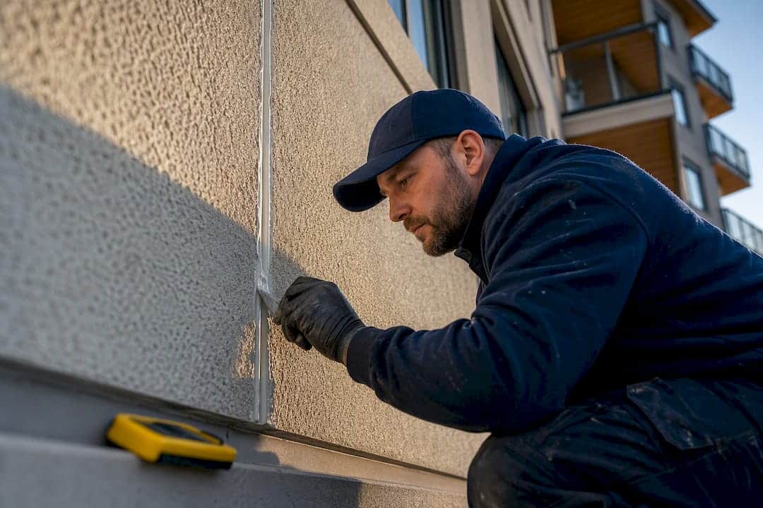 Technician sealing EIFS expansion joint
