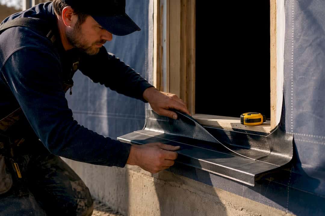 Installer applying membrane around window sill