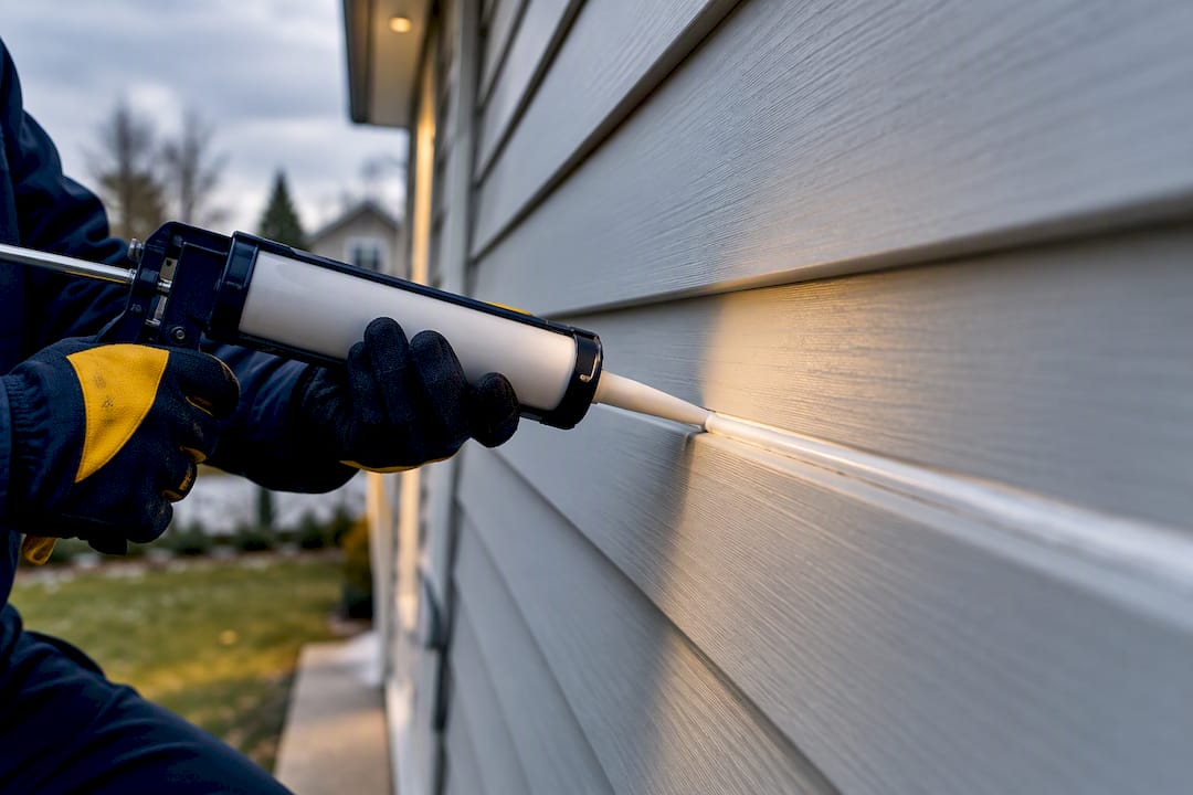 Worker sealing an aluminum siding joint