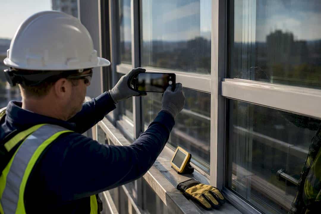 Inspector photographing curtain wall sealant bead