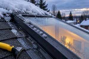 Snow melting around a leaking skylight